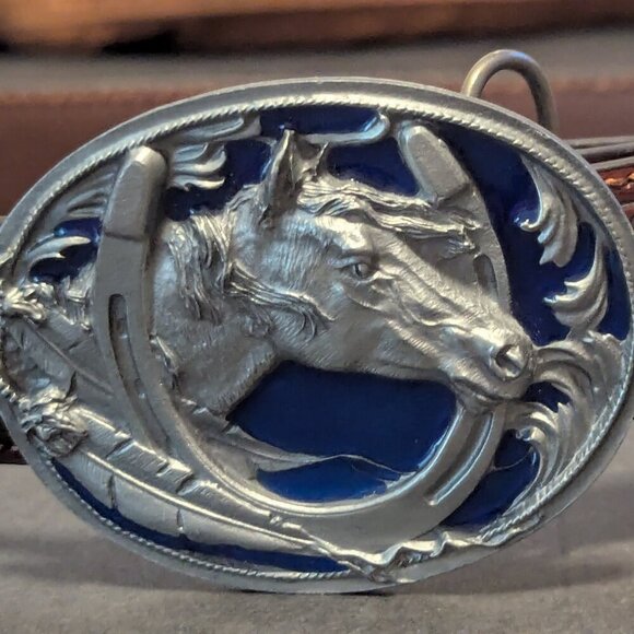 Nocona Siskiyou Horse Tooled Western Leather Statement Belt Buckle Resin Boho - Picture 7 of 15